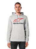 Alpinestars Always V3 Hoodie, jasnoszary melanż z czerwono-czarnym logo z gwiazdą, prezentowana przez modela, styl casual streetwear, kaptur ze sznurkami, przednia kieszeń kangurka, design inspirowany dziedzictwem sportów motorowych
