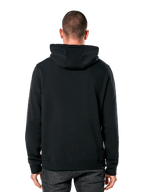 Alpinestars Blaze V3 Hoodie, back view of man wearing black pullover hoodie, ribbed cuffs and hem, jersey-lined hood, casual motorsport-inspired streetwear