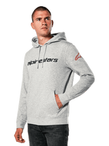 Alpinestars Linear Wordmark V3 Hoodie, gray heather pullover hoodie, black chest wordmark, red logo on the sleeve, jersey-lined hood with drawstrings, front pocket, casual motorsport-inspired streetwear