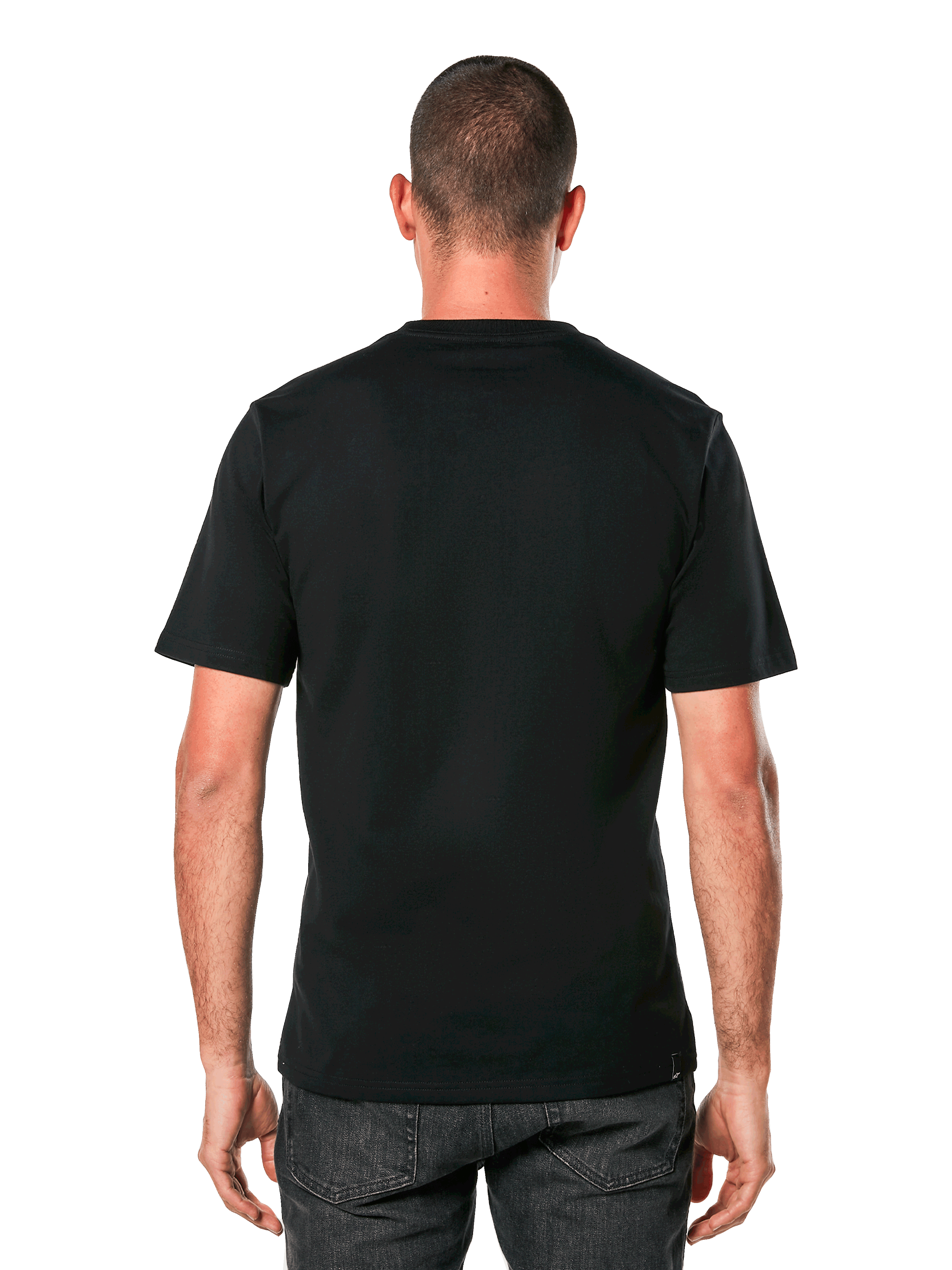 Alpinestars Ageless 2.0 CSF Tee, Short Sleeve T-Shirt, Black, back view on model, plain design with cut and sew fit, casual motorsport-inspired sportswear