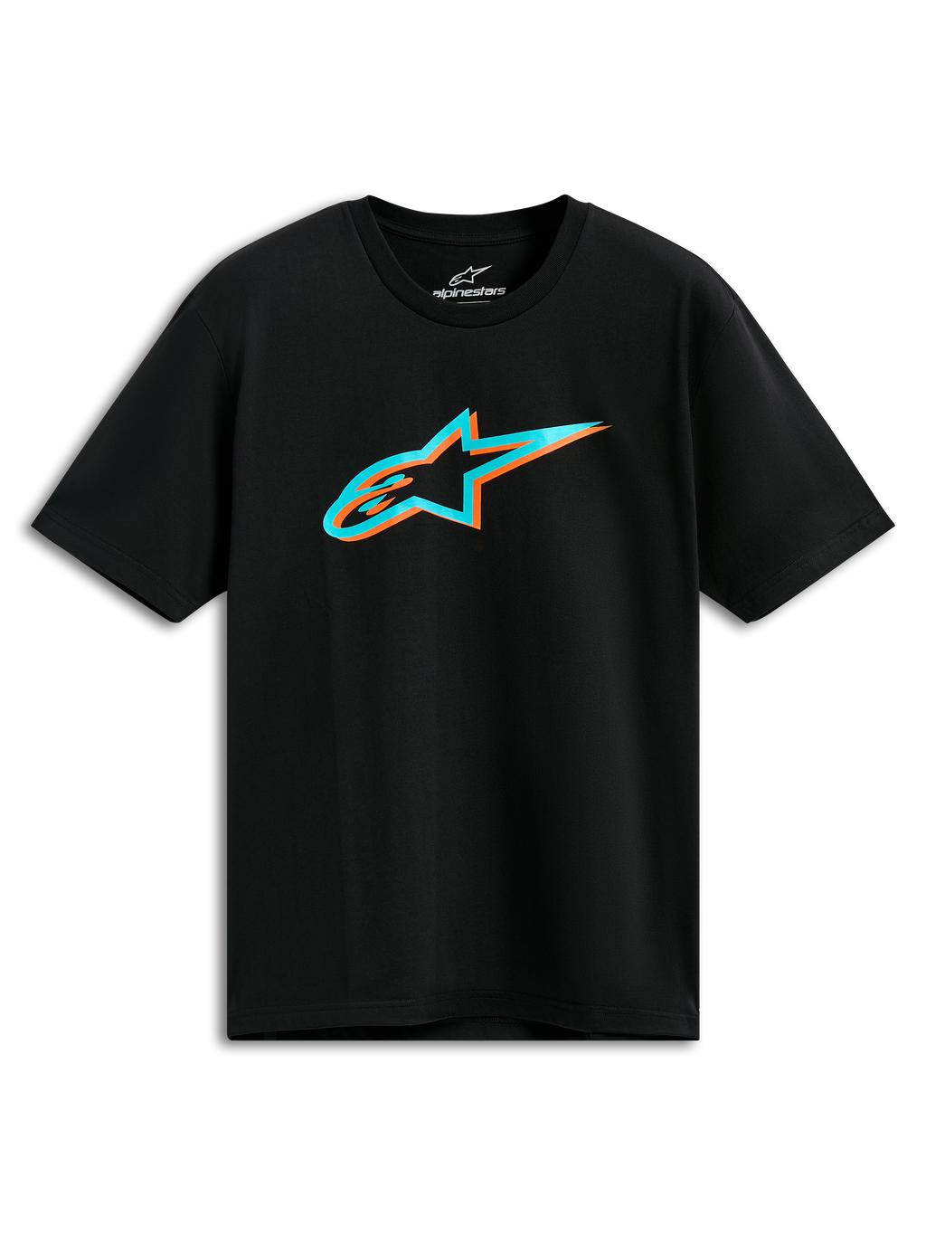 Alpinestars Ageless Shadow CSF Tee, koszulka z krótkim rękawem, czarna, turkusowe i pomarańczowe logo Astars z efektem cienia, codzienna odzież motorsportowa