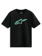 Alpinestars Ageless Shadow CSF Tee, koszulka z krótkim rękawem, czarna, turkusowe i pomarańczowe logo Astars z efektem cienia, codzienna odzież motorsportowa