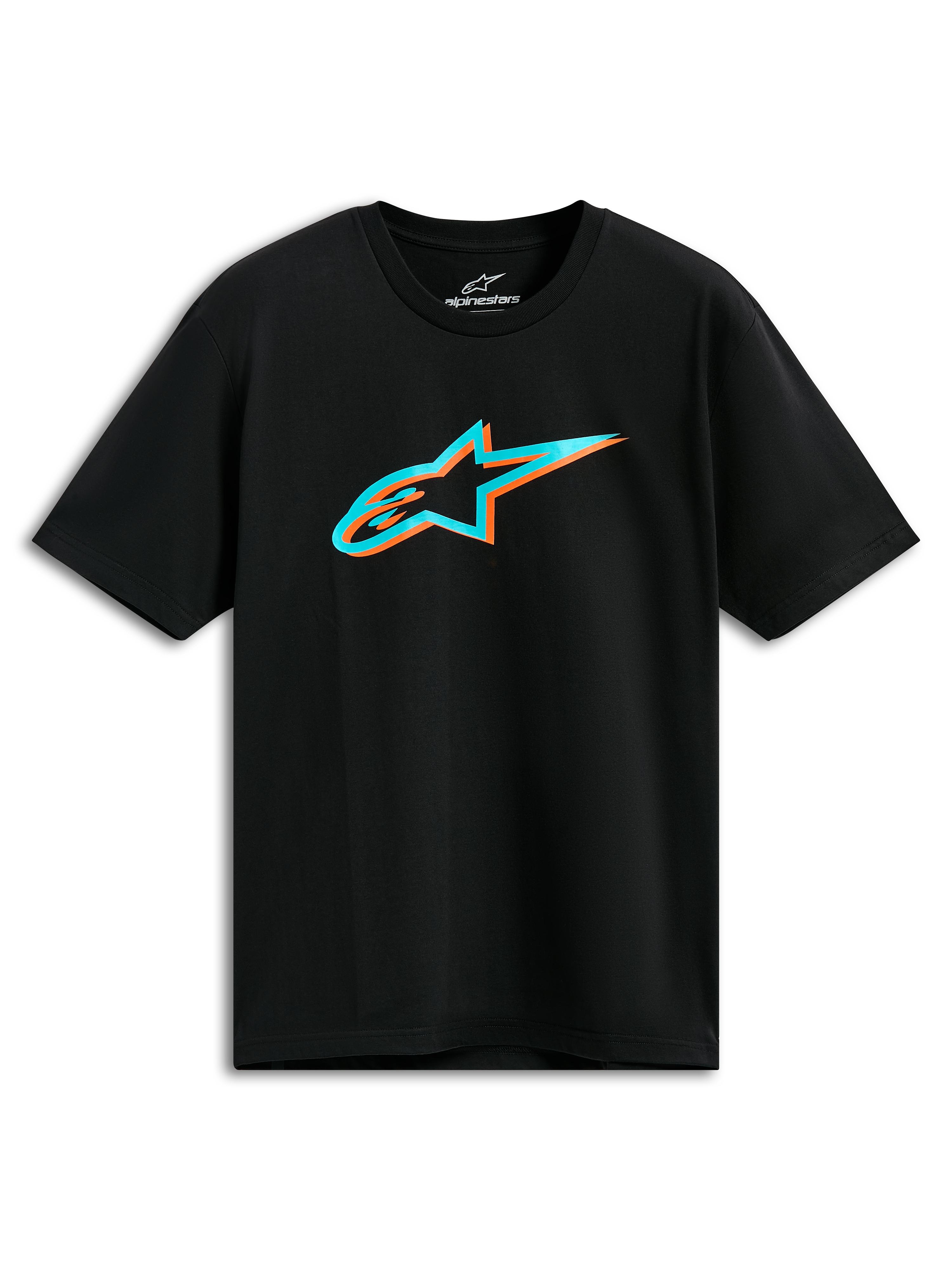 Alpinestars Ageless Shadow CSF Tee, koszulka z krótkim rękawem, czarna, turkusowe i pomarańczowe logo Astars z efektem cienia, codzienna odzież motorsportowa