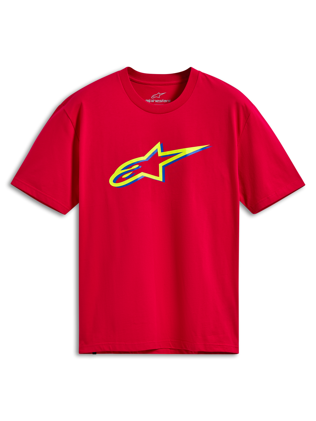 Alpinestars Ageless Shadow CSF Tee, koszulka z krótkim rękawem, czerwona, z żółto-niebieską warstwową grafiką logo Ageless na piersi, casualowa odzież streetwearowa w stylu motorsport