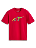 Alpinestars Ageless Shadow CSF Tee, koszulka z krótkim rękawem, czerwona, z żółto-niebieską warstwową grafiką logo Ageless na piersi, casualowa odzież streetwearowa w stylu motorsport