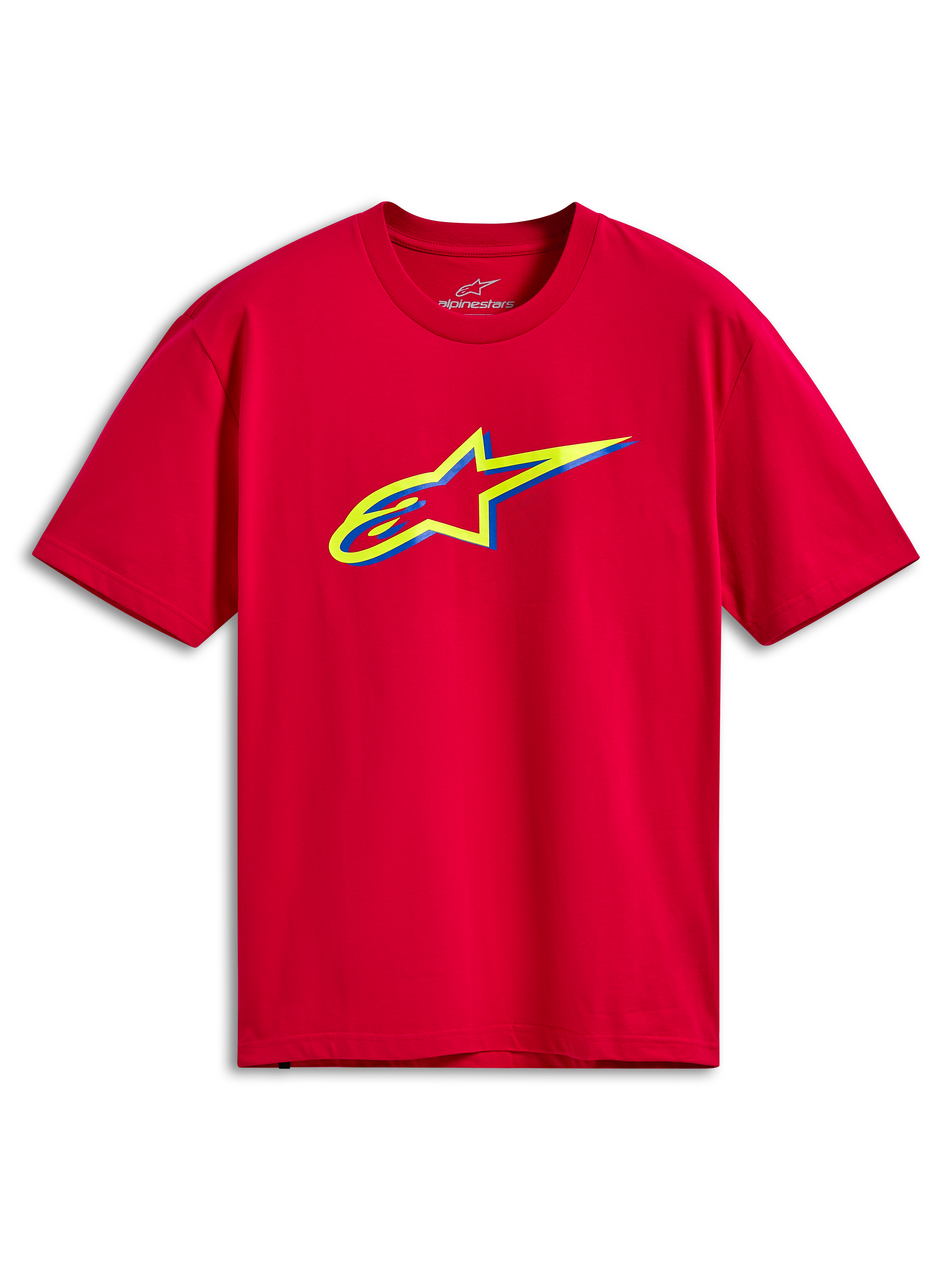Alpinestars Ageless Shadow CSF Tee, koszulka z krótkim rękawem, czerwona, z żółto-niebieską warstwową grafiką logo Ageless na piersi, casualowa odzież streetwearowa w stylu motorsport