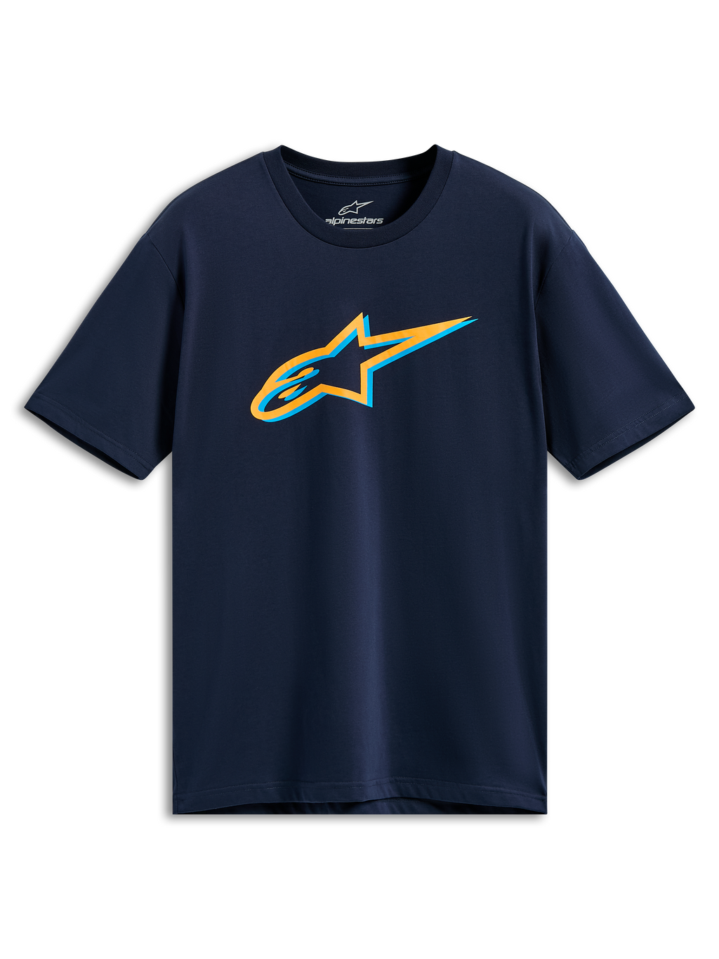 Alpinestars Ageless Shadow CSF Tee, koszulka z krótkim rękawem, granatowa, pomarańczowe i jasnoniebieskie logo Ageless Shadow na piersi, codzienna odzież sportowa