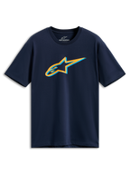 Alpinestars Ageless Shadow CSF Tee, koszulka z krótkim rękawem, granatowa, pomarańczowe i jasnoniebieskie logo Ageless Shadow na piersi, codzienna odzież sportowa