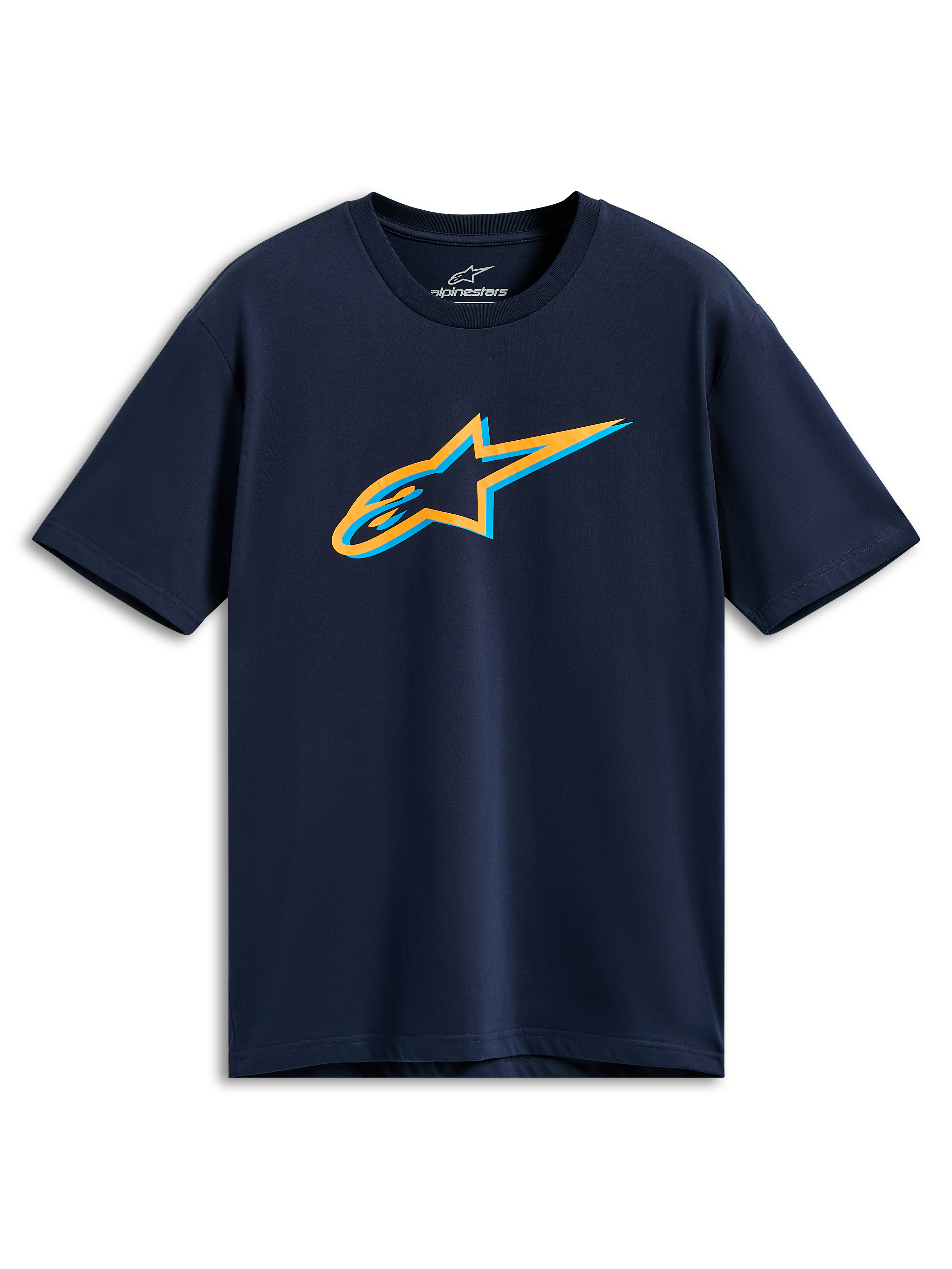 Alpinestars Ageless Shadow CSF Tee, koszulka z krótkim rękawem, granatowa, pomarańczowe i jasnoniebieskie logo Ageless Shadow na piersi, codzienna odzież sportowa