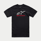 Alpinestars Always 2.0 CSF Tee, Short Sleeve T-Shirt, Black, White Star Logo with Red Alpinestars Text, Casual Motorsport Streetwear