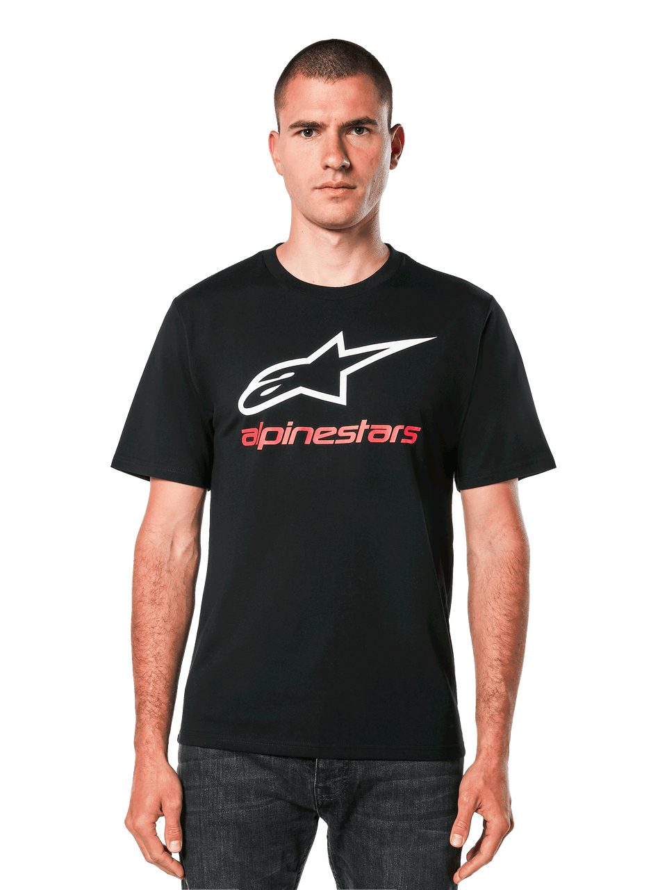 Alpinestars Always 2.0 CSF Tee, czarna koszulka z krótkim rękawem, białe logo gwiazdy, czerwony napis "alpinestars", męska, bawełniana