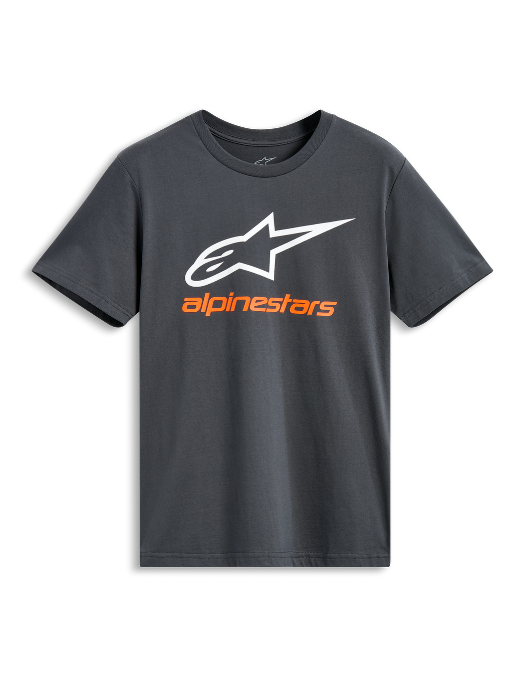 Alpinestars Always 2.0 CSF Tee, koszulka z krótkim rękawem, antracytowa, duże białe logo Alpinestars z pomarańczową nazwą marki, casualowa odzież motorsportowa