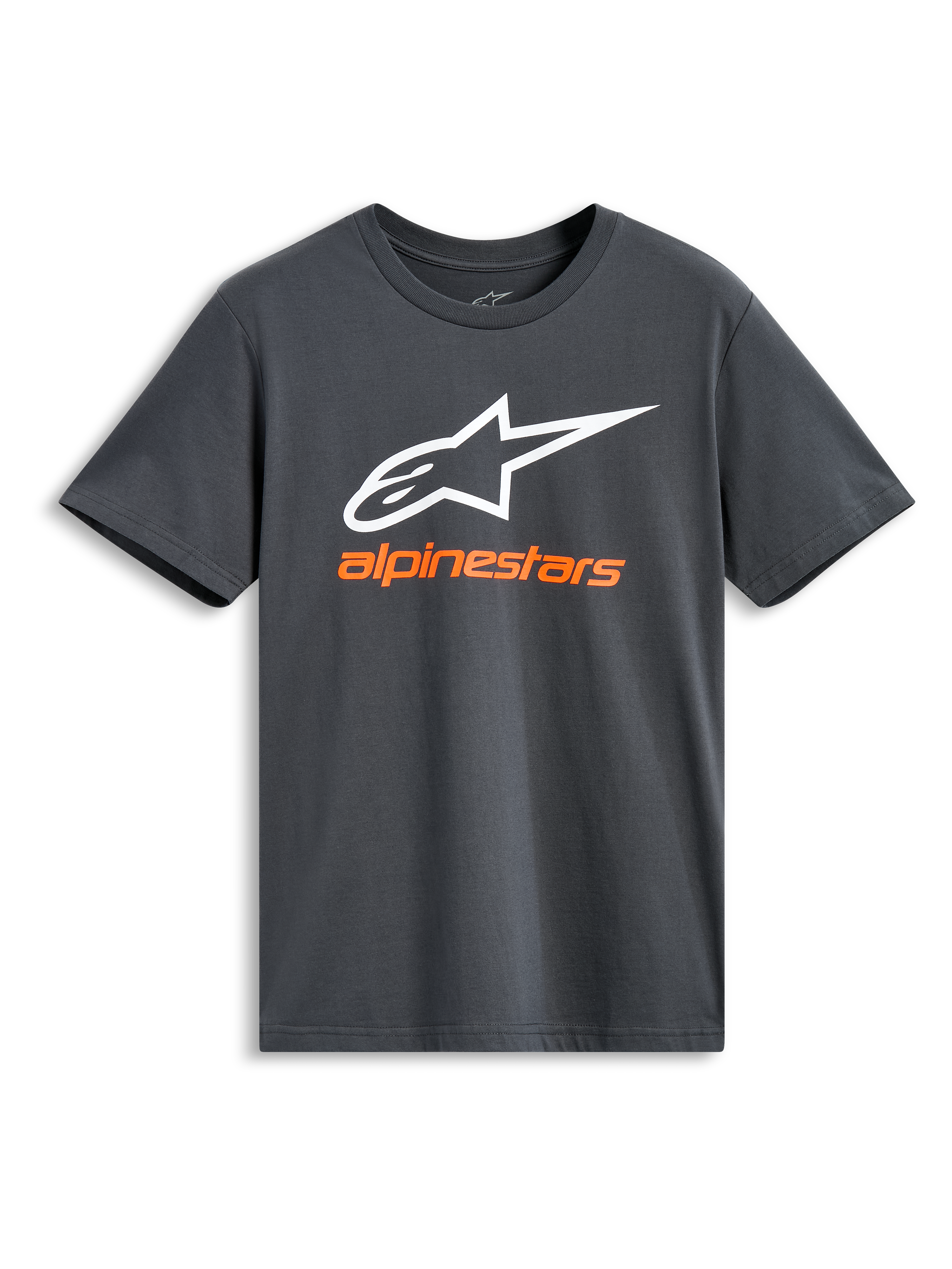 Alpinestars Always 2.0 CSF Tee, koszulka z krótkim rękawem, antracytowa, duże białe logo Alpinestars z pomarańczową nazwą marki, casualowa odzież motorsportowa