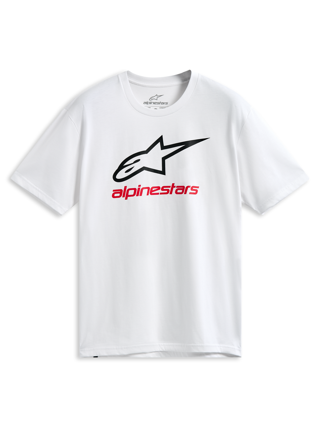 Alpinestars Always 2.0 CSF Tee, biała koszulka z krótkim rękawem, czarny kontur logo Astars i czerwona grafika Alpinestars, codzienna odzież sportowa