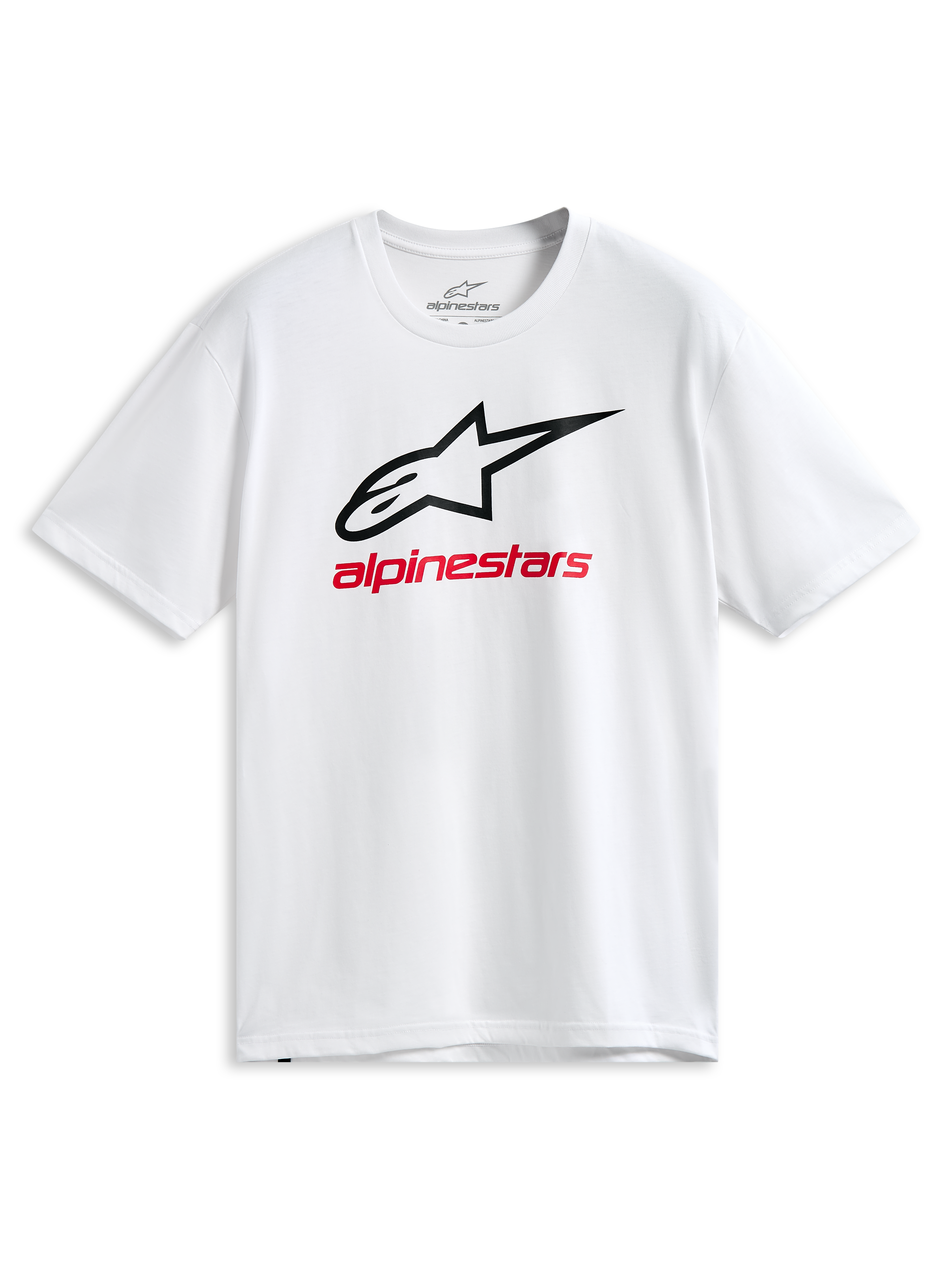 Alpinestars Always 2.0 CSF Tee, biała koszulka z krótkim rękawem, czarny kontur logo Astars i czerwona grafika Alpinestars, codzienna odzież sportowa