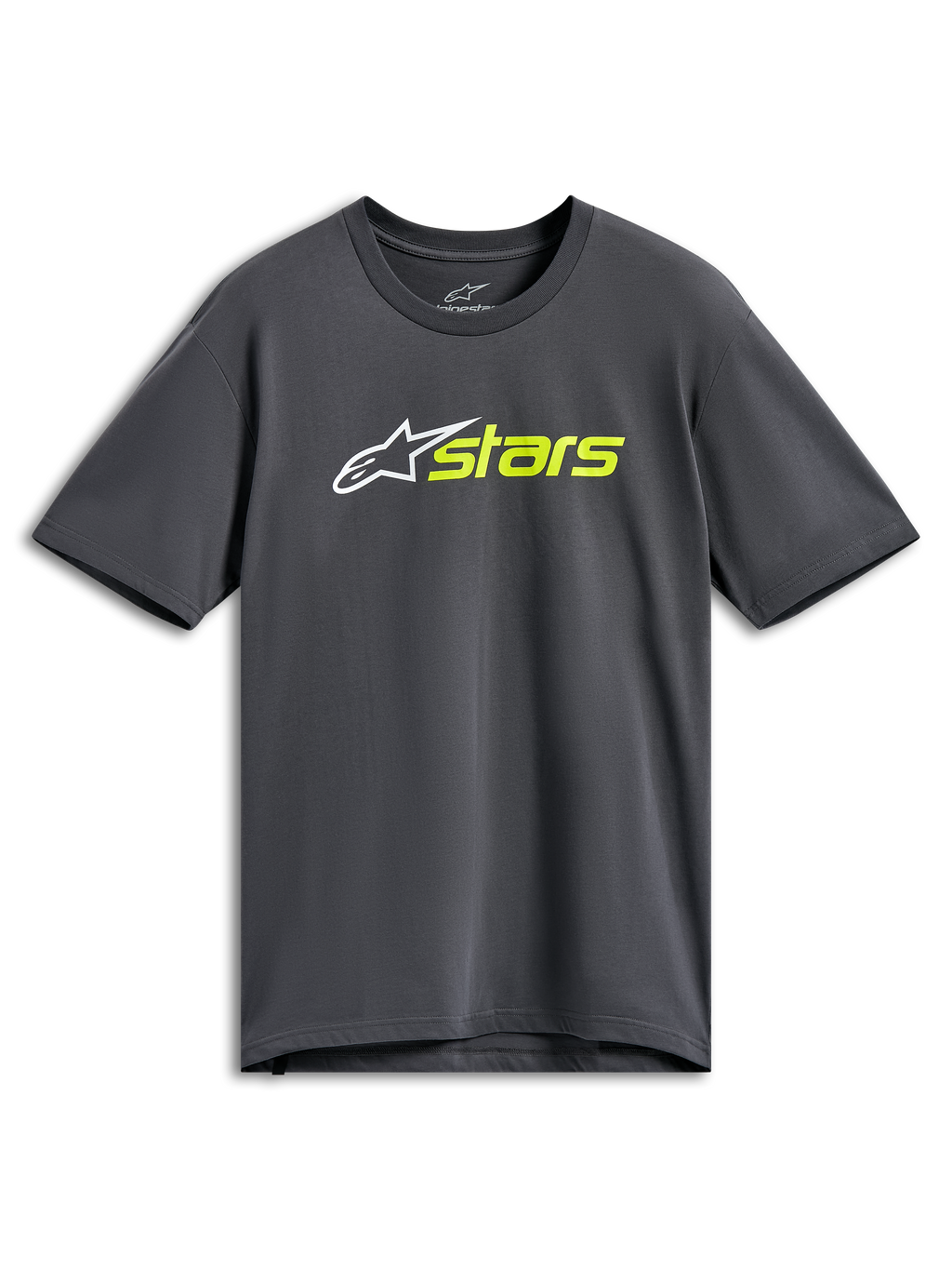 Alpinestars Blaze 2.0 CSF Tee, koszulka z krótkim rękawem, grafitowa, białe logo z gwiazdą i jaskrawożółty napis „stars”, casualowa odzież motorsport streetwear