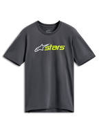 Alpinestars Blaze 2.0 CSF Tee, koszulka z krótkim rękawem, grafitowa, białe logo z gwiazdą i jaskrawożółty napis „stars”, casualowa odzież motorsport streetwear