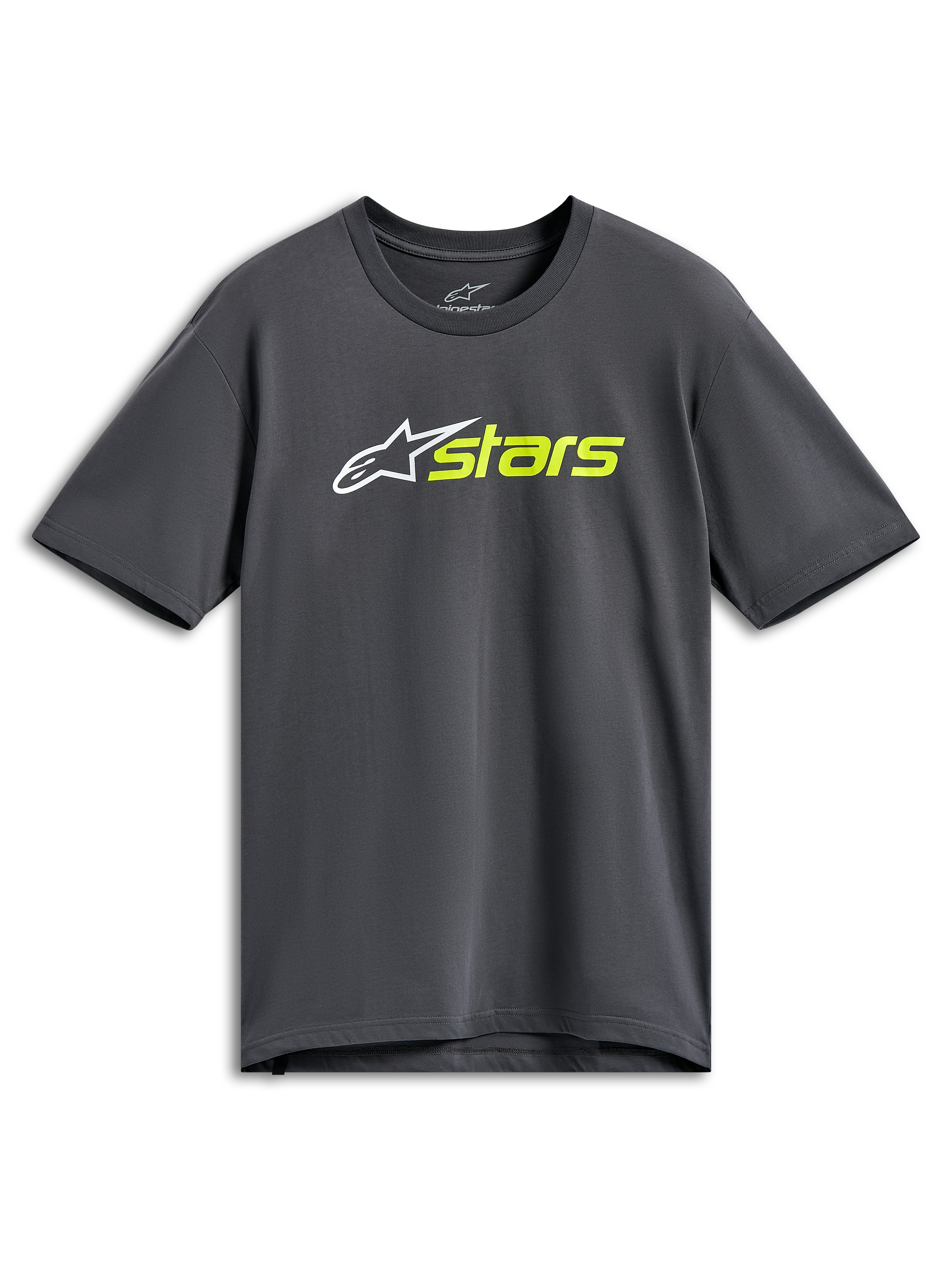 Alpinestars Blaze 2.0 CSF Tee, koszulka z krótkim rękawem, grafitowa, białe logo z gwiazdą i jaskrawożółty napis „stars”, casualowa odzież motorsport streetwear