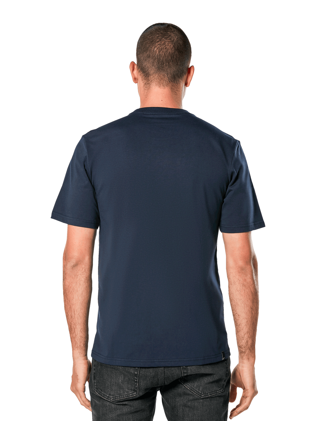 Alpinestars Blaze 2.0 CSF Tee, granatowa koszulka z krótkim rękawem, widok z tyłu na modelu, casualowa odzież uliczna inspirowana sportami motorowymi