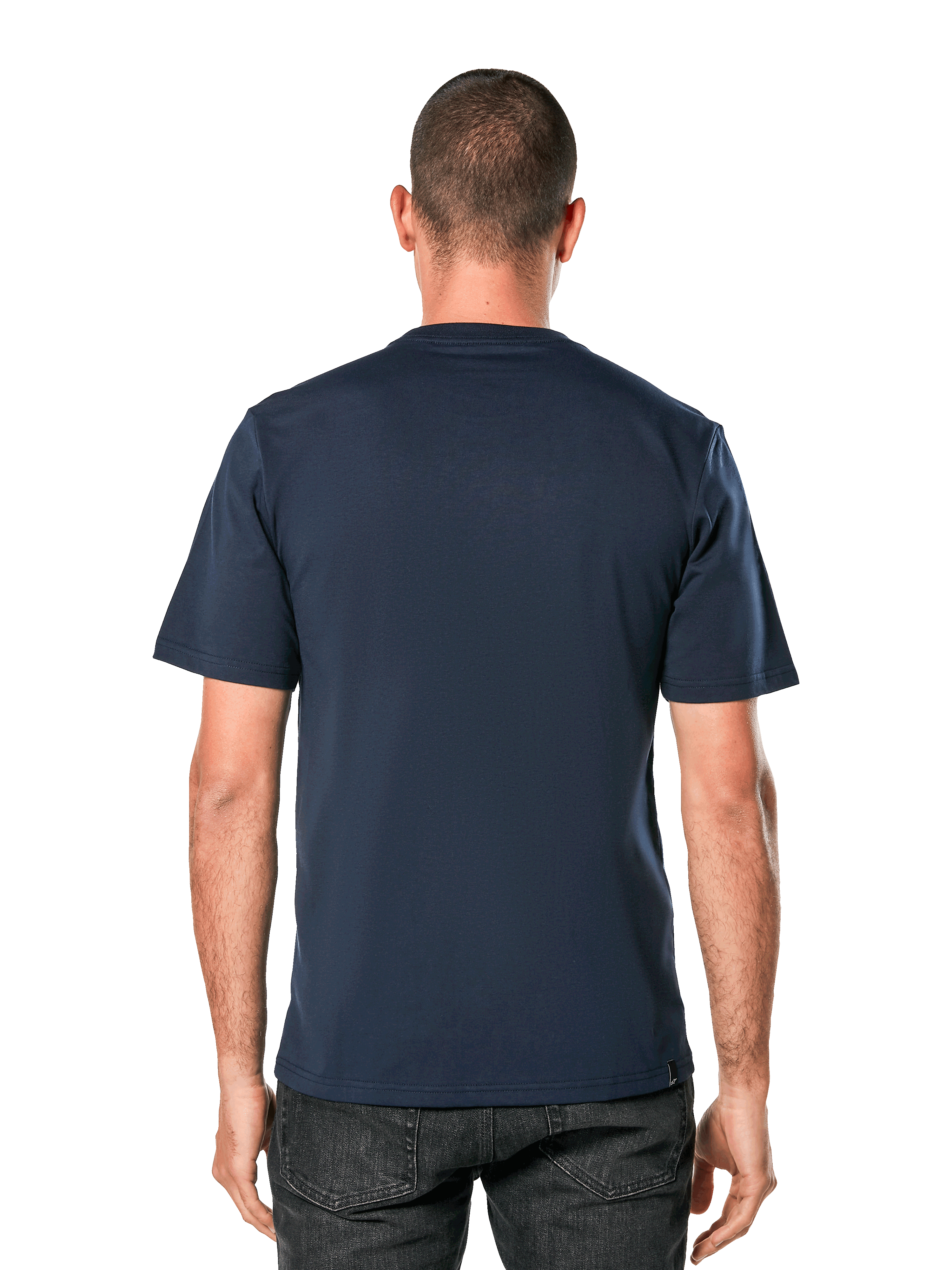 Alpinestars Blaze 2.0 CSF Tee, granatowa koszulka z krótkim rękawem, widok z tyłu na modelu, casualowa odzież uliczna inspirowana sportami motorowymi