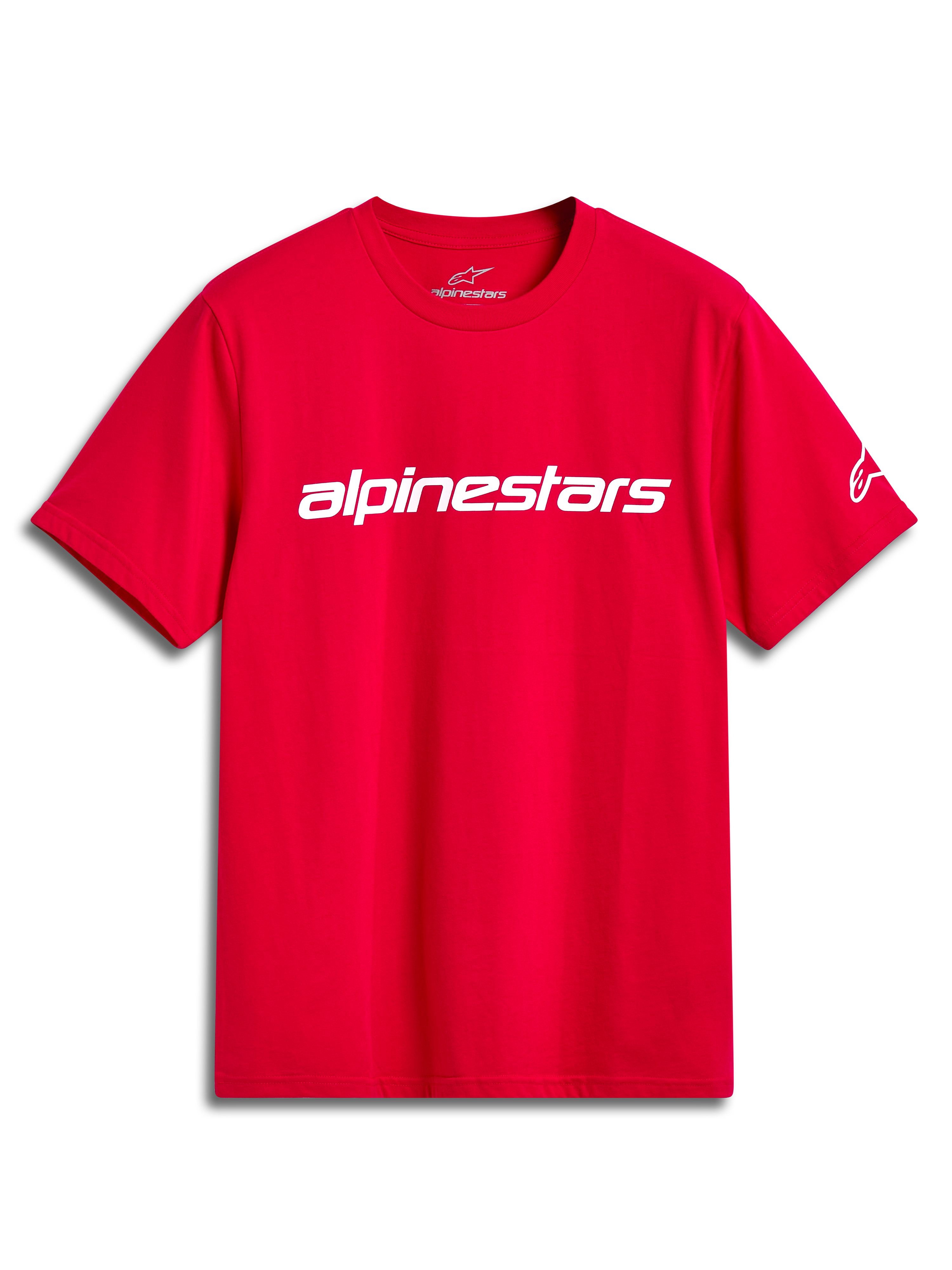 Alpinestars Linear Wordmark 2.0 CSF Tee, czerwona koszulka z krótkim rękawem, białe logo na piersi, casualowa odzież sportowa