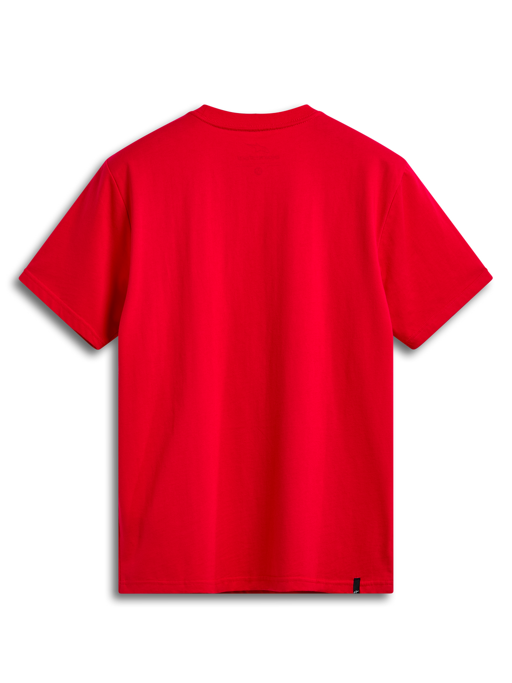 Alpinestars T-Shirt Linear Wordmark 2.0 CSF, czerwona koszulka z krótkim rękawem, widok z tyłu pokazujący wewnętrzny nadruk na karku i zewnętrzną etykietę