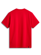 Alpinestars T-Shirt Linear Wordmark 2.0 CSF, czerwona koszulka z krótkim rękawem, widok z tyłu pokazujący wewnętrzny nadruk na karku i zewnętrzną etykietę