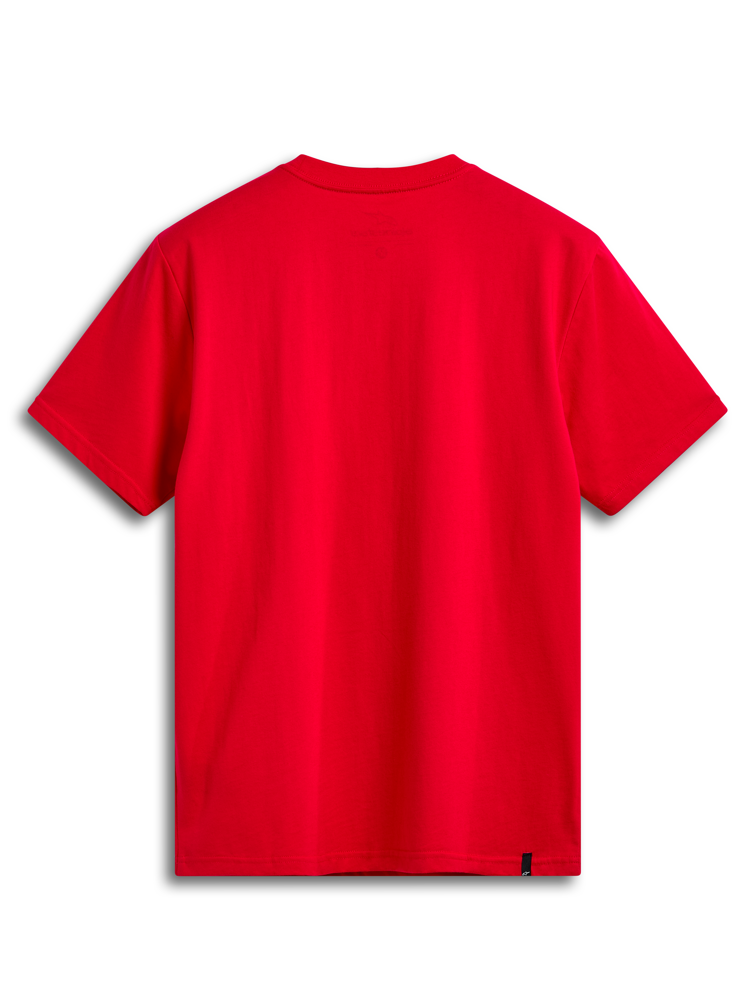 Alpinestars T-Shirt Linear Wordmark 2.0 CSF, czerwona koszulka z krótkim rękawem, widok z tyłu pokazujący wewnętrzny nadruk na karku i zewnętrzną etykietę