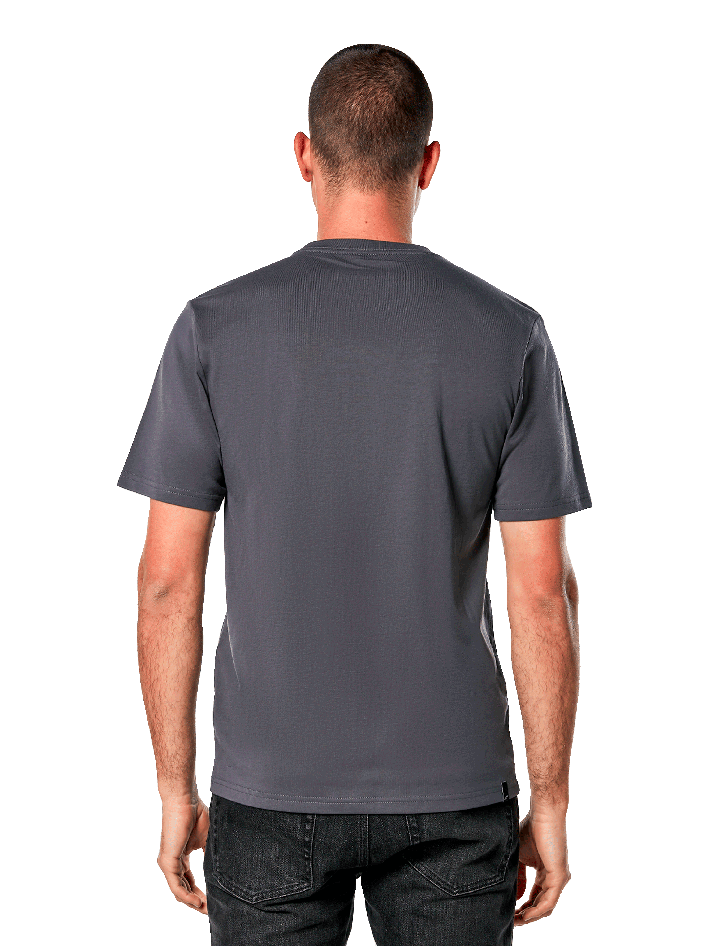Alpinestars Ride 4.0 CSF Tee, Back View, Short Sleeve T-Shirt, Charcoal, plain back design with cut-and-sew fit, worn with black jeans, casual motorsport-inspired streetwear