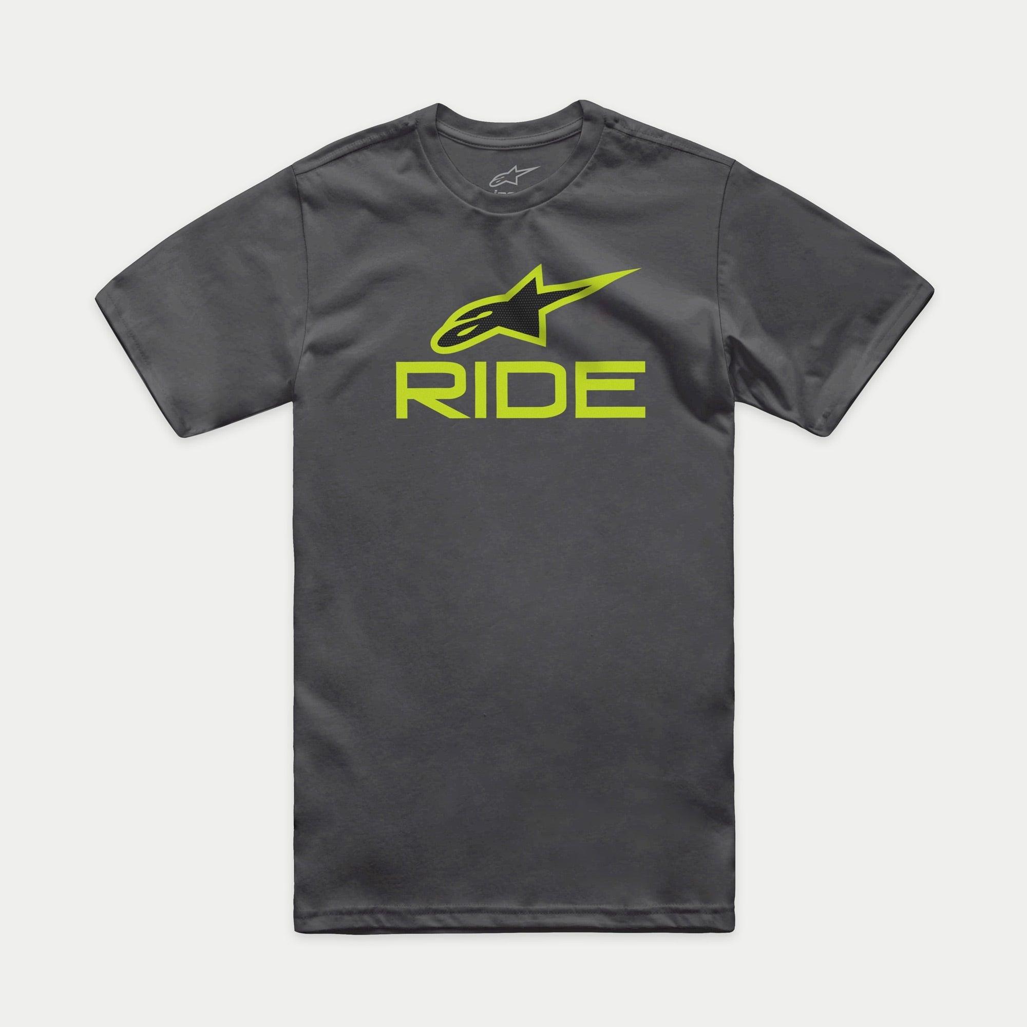 Alpinestars Ride 4.0 CSF Tee, Short Sleeve T-Shirt, Charcoal, Lime Green and Black Astars Logo with RIDE Text, Casual Motorsport Sportswear