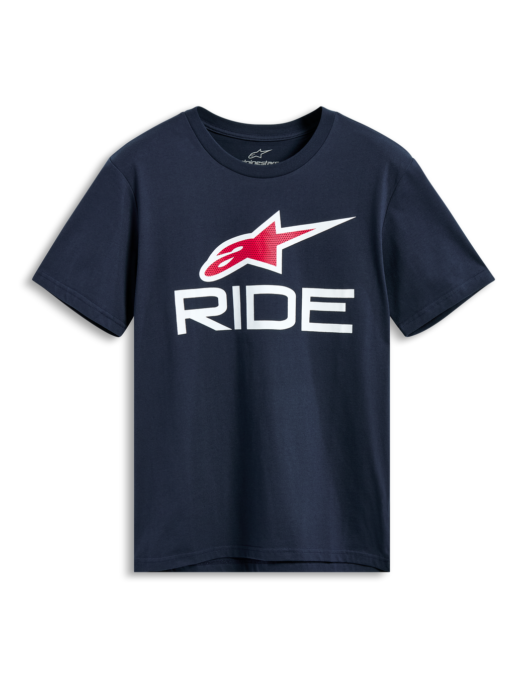 Alpinestars Ride 4.0 CSF Tee, granatowa koszulka z krótkim rękawem, czerwono-białe logo Astars i biała grafika RIDE, codzienna odzież motorsportowa streetwear