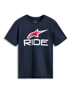 Alpinestars Ride 4.0 CSF Tee, granatowa koszulka z krótkim rękawem, czerwono-białe logo Astars i biała grafika RIDE, codzienna odzież motorsportowa streetwear