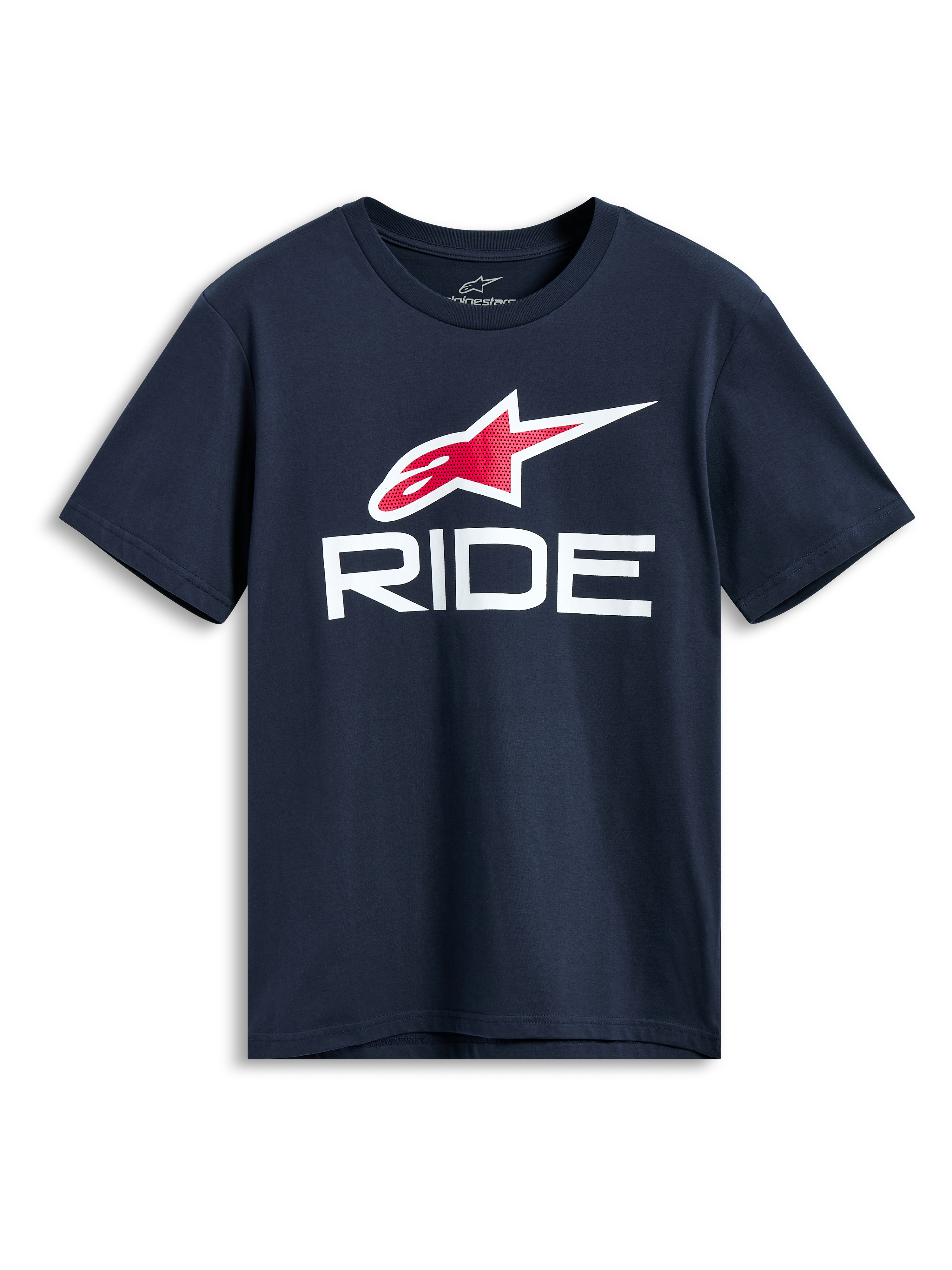 Alpinestars Ride 4.0 CSF Tee, granatowa koszulka z krótkim rękawem, czerwono-białe logo Astars i biała grafika RIDE, codzienna odzież motorsportowa streetwear