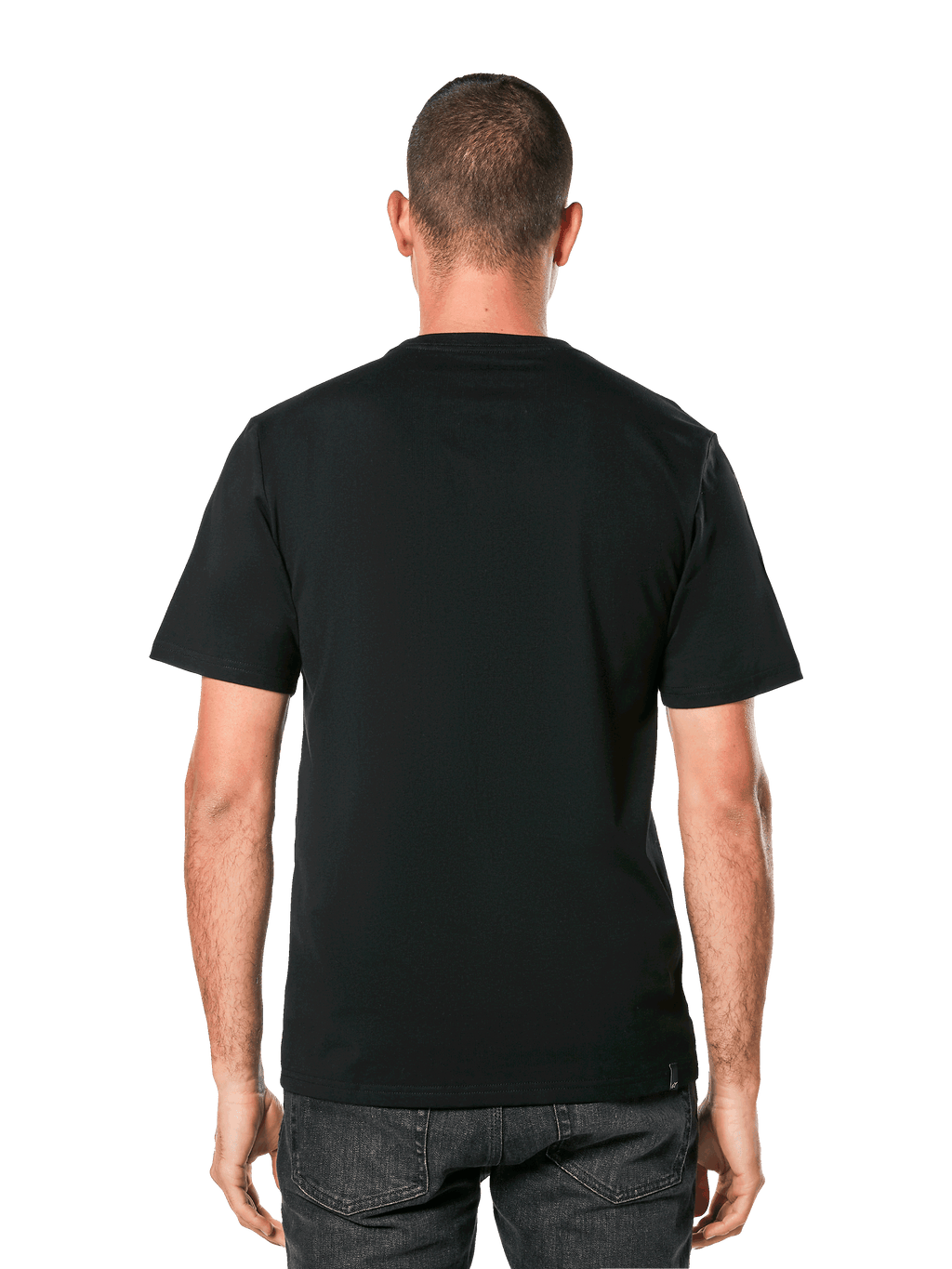 Koszulka Alpinestars MX Helmet CSF Tee, t-shirt z krótkim rękawem, czarny, widok z tyłu na modelu, casualowa odzież motorsportowa streetwear