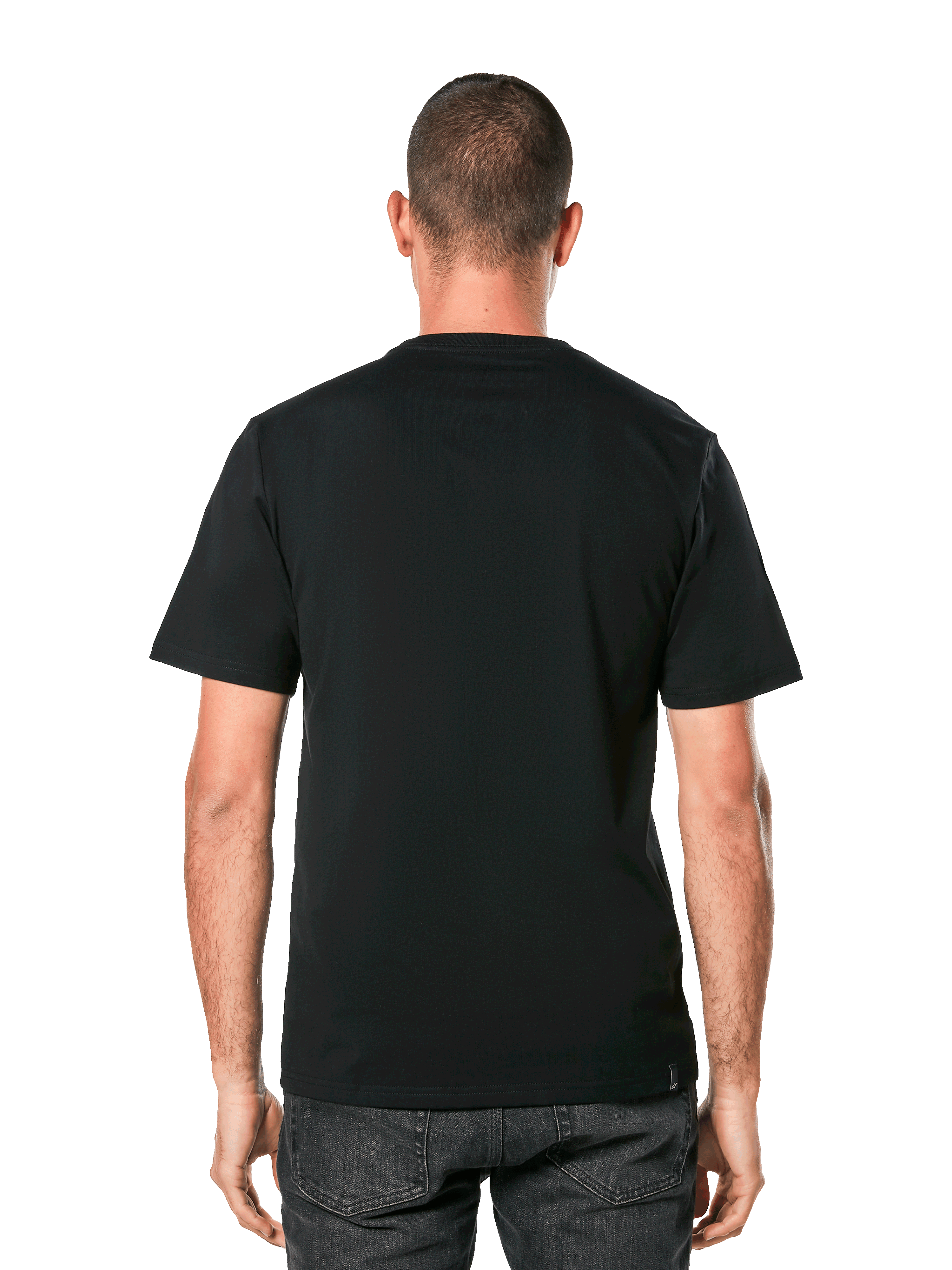 Koszulka Alpinestars MX Helmet CSF Tee, t-shirt z krótkim rękawem, czarny, widok z tyłu na modelu, casualowa odzież motorsportowa streetwear