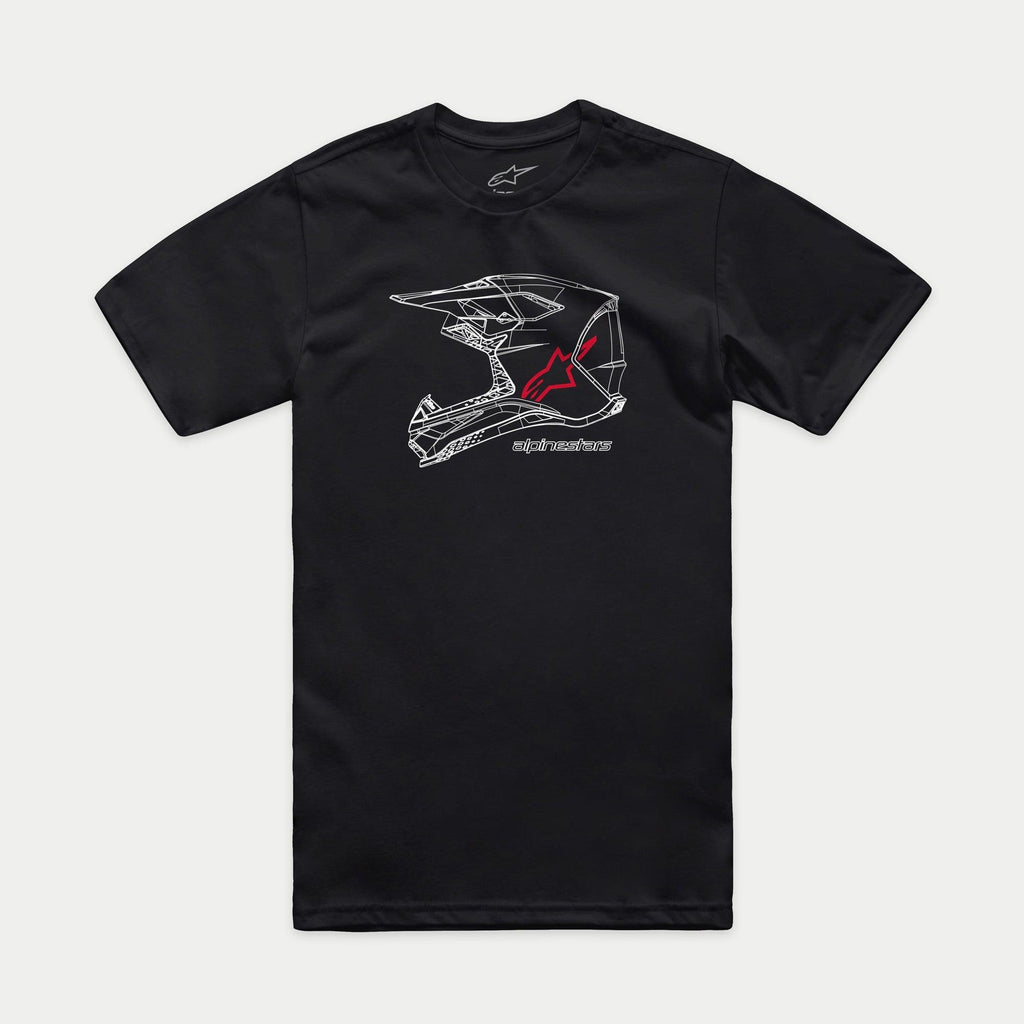 Alpinestars MX Helmet CSF Tee, czarna koszulka z krótkim rękawem, biała grafika kasku MX typu wireframe z czerwonym logo Alpinestars i napisem, odzież codzienna w stylu motorsportowym
