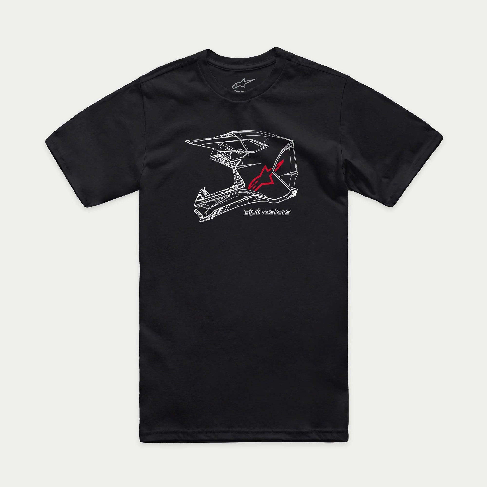 Alpinestars MX Helmet CSF Tee, czarna koszulka z krótkim rękawem, biała grafika kasku MX typu wireframe z czerwonym logo Alpinestars i napisem, odzież codzienna w stylu motorsportowym