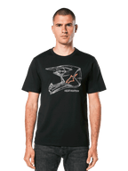 Alpinestars MX Helmet CSF Tee, czarna koszulka z krótkim rękawem, biała geometryczna grafika kasku motocrossowego z pomarańczowym logo gwiazdy, casualowy motorsportowy streetwear