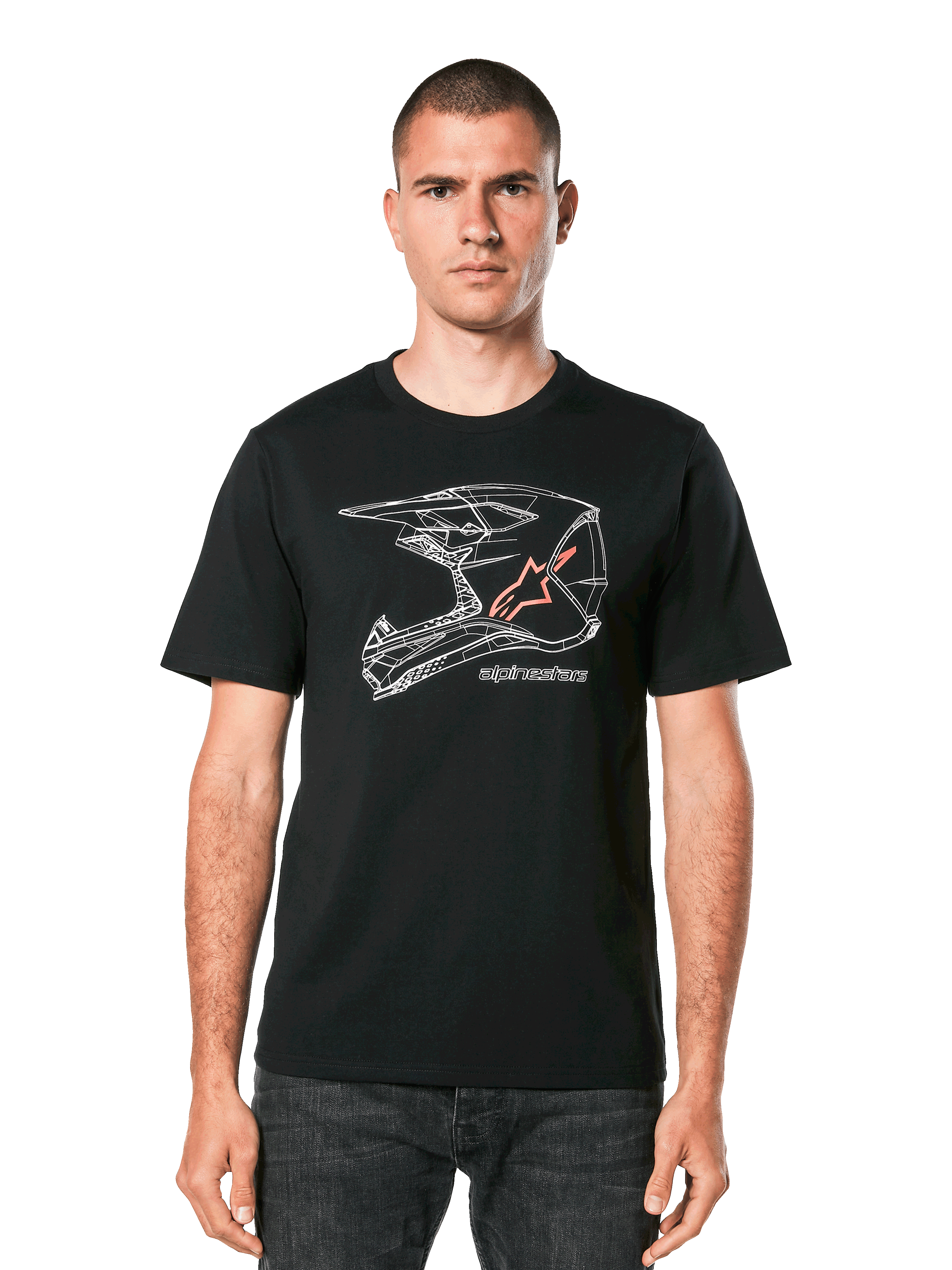 Alpinestars MX Helmet CSF Tee, czarna koszulka z krótkim rękawem, biała geometryczna grafika kasku motocrossowego z pomarańczowym logo gwiazdy, casualowy motorsportowy streetwear