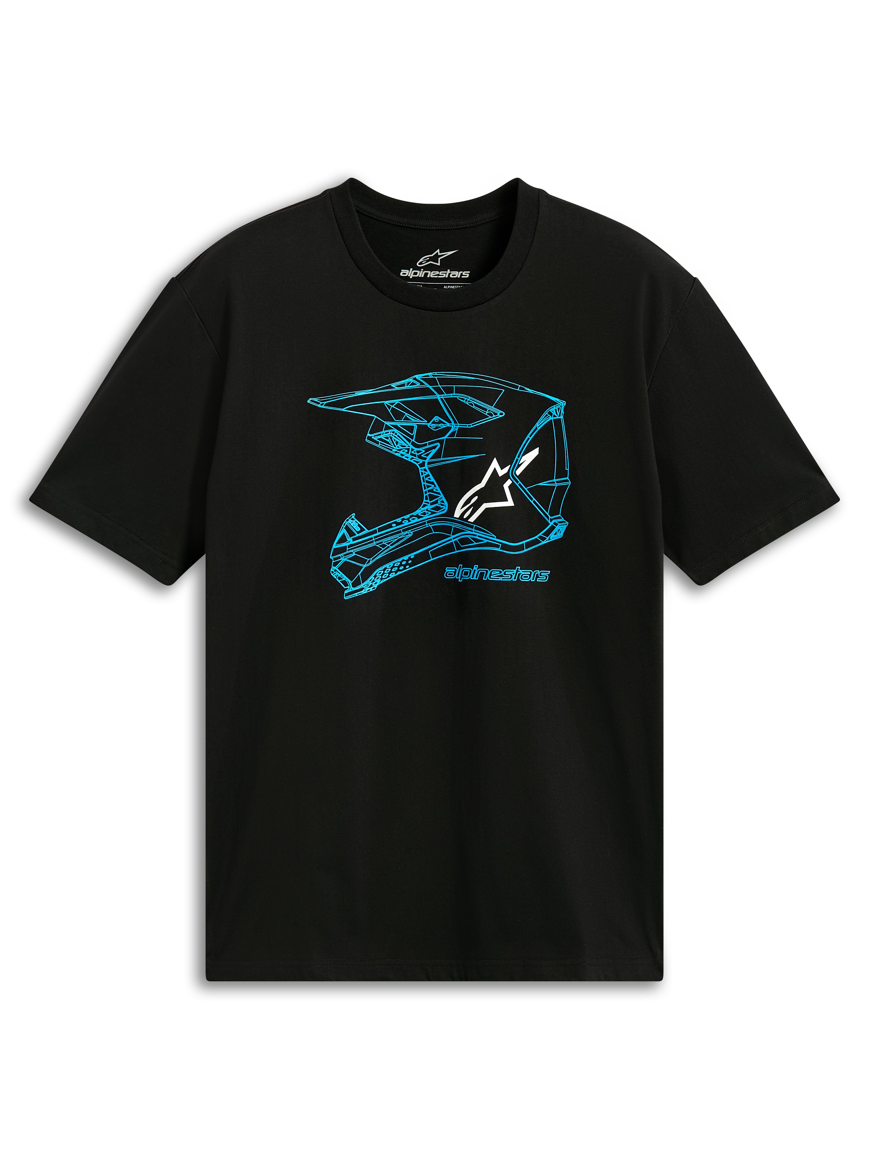 Alpinestars CSF Tee, koszulka z krótkim rękawem, czarno-niebieska, niebieska grafika z konturem kasku MX i białym logo, codzienna odzież sportowa motorsport