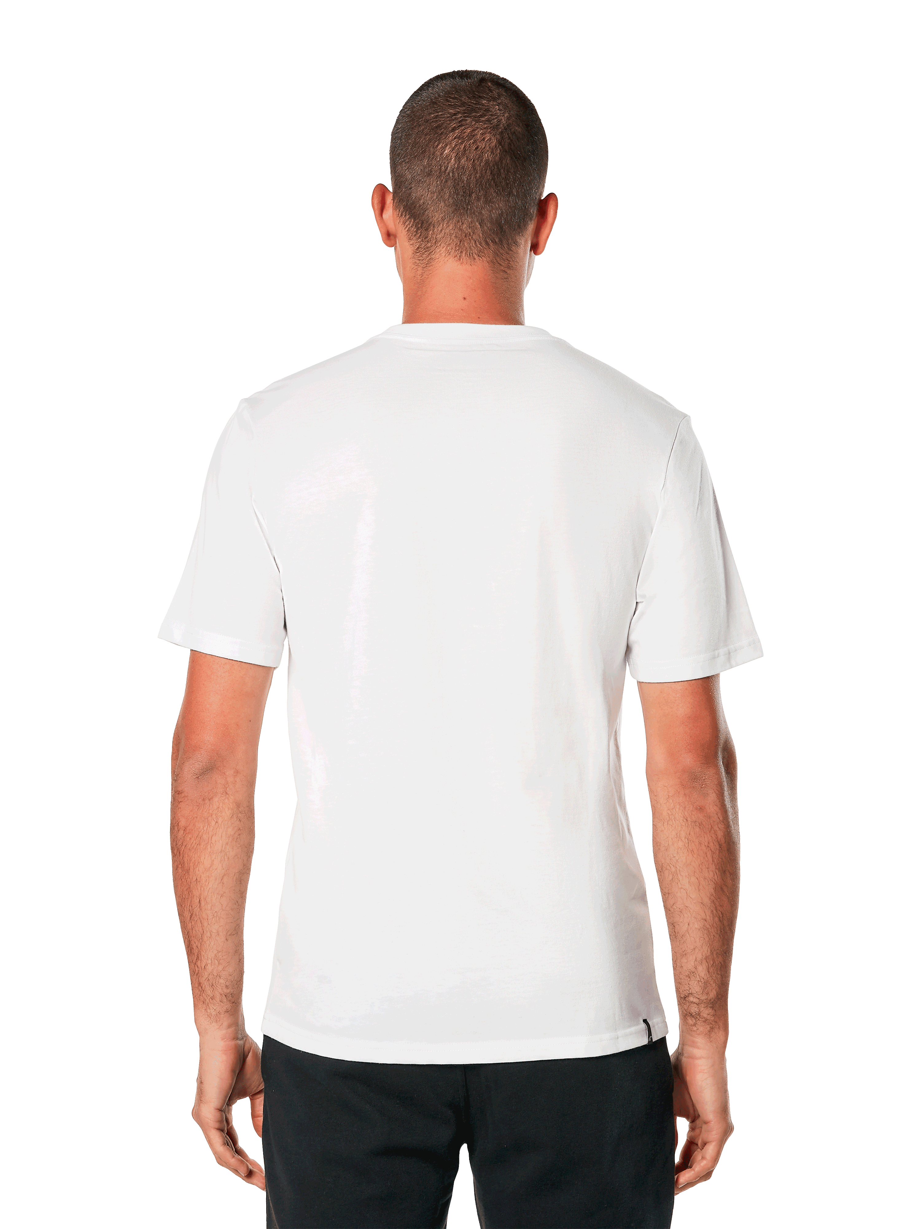 Alpinestars MX Helmet CSF Tee, koszulka z krótkim rękawem, biała, widok z tyłu, noszona z czarnymi spodniami, casualowy design inspirowany sportami motorowymi