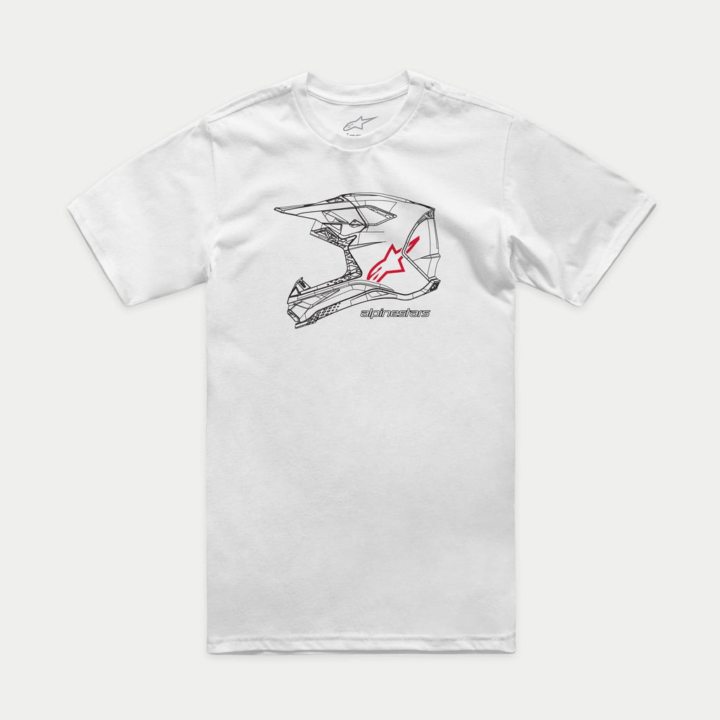 Alpinestars MX Helmet CSF Tee, biały t-shirt z krótkim rękawem, czarna grafika kasku motocrossowego z przodu z czerwonym logo gwiazdy i napisem Alpinestars, codzienna odzież sportowa inspirowana motorsportem