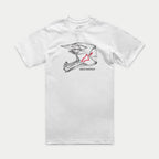 Alpinestars MX Helmet CSF Tee, biały t-shirt z krótkim rękawem, czarna grafika kasku motocrossowego z przodu z czerwonym logo gwiazdy i napisem Alpinestars, codzienna odzież sportowa inspirowana motorsportem