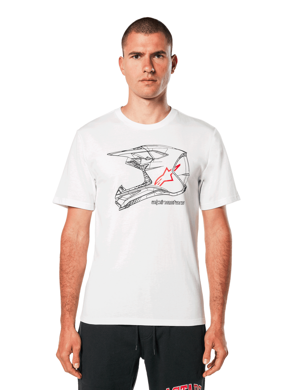 Alpinestars MX Helmet CSF Tee, biała koszulka z krótkim rękawem, czarna szkieletowa grafika kasku motocrossowego z czerwonym logo gwiazdy, codzienna odzież uliczna inspirowana sportami motorowymi, prezentowana na modelu