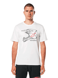 Alpinestars MX Helmet CSF Tee, biała koszulka z krótkim rękawem, czarna szkieletowa grafika kasku motocrossowego z czerwonym logo gwiazdy, codzienna odzież uliczna inspirowana sportami motorowymi, prezentowana na modelu