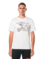Alpinestars MX Helmet CSF Tee, biała koszulka z krótkim rękawem, czarna szkieletowa grafika kasku motocrossowego z czerwonym logo gwiazdy, codzienna odzież uliczna inspirowana sportami motorowymi, prezentowana na modelu