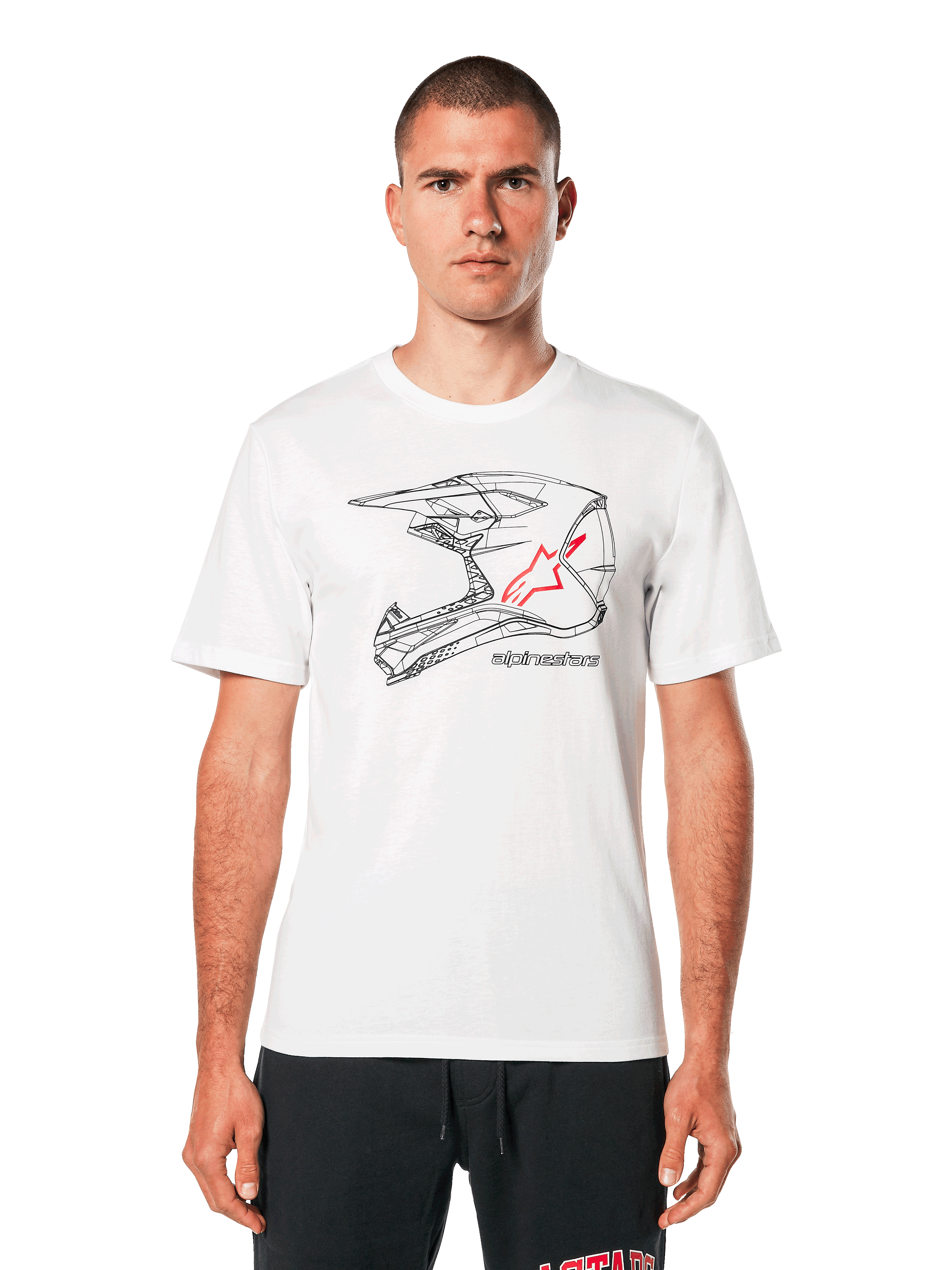 Alpinestars MX Helmet CSF Tee, biała koszulka z krótkim rękawem, czarna szkieletowa grafika kasku motocrossowego z czerwonym logo gwiazdy, codzienna odzież uliczna inspirowana sportami motorowymi, prezentowana na modelu