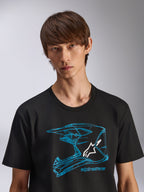Alpinestars CSF Tee, koszulka z krótkim rękawem, czarna, niebieska grafika kasku MX z białym logo, codzienna odzież sportowa typu motorsport