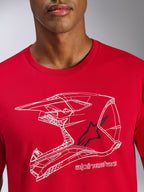 Alpinestars CSF Tee, Short Sleeve T-Shirt, Red, White line-art Motocross helmet graphic with black star logo, Casual Motorsport Streetwear