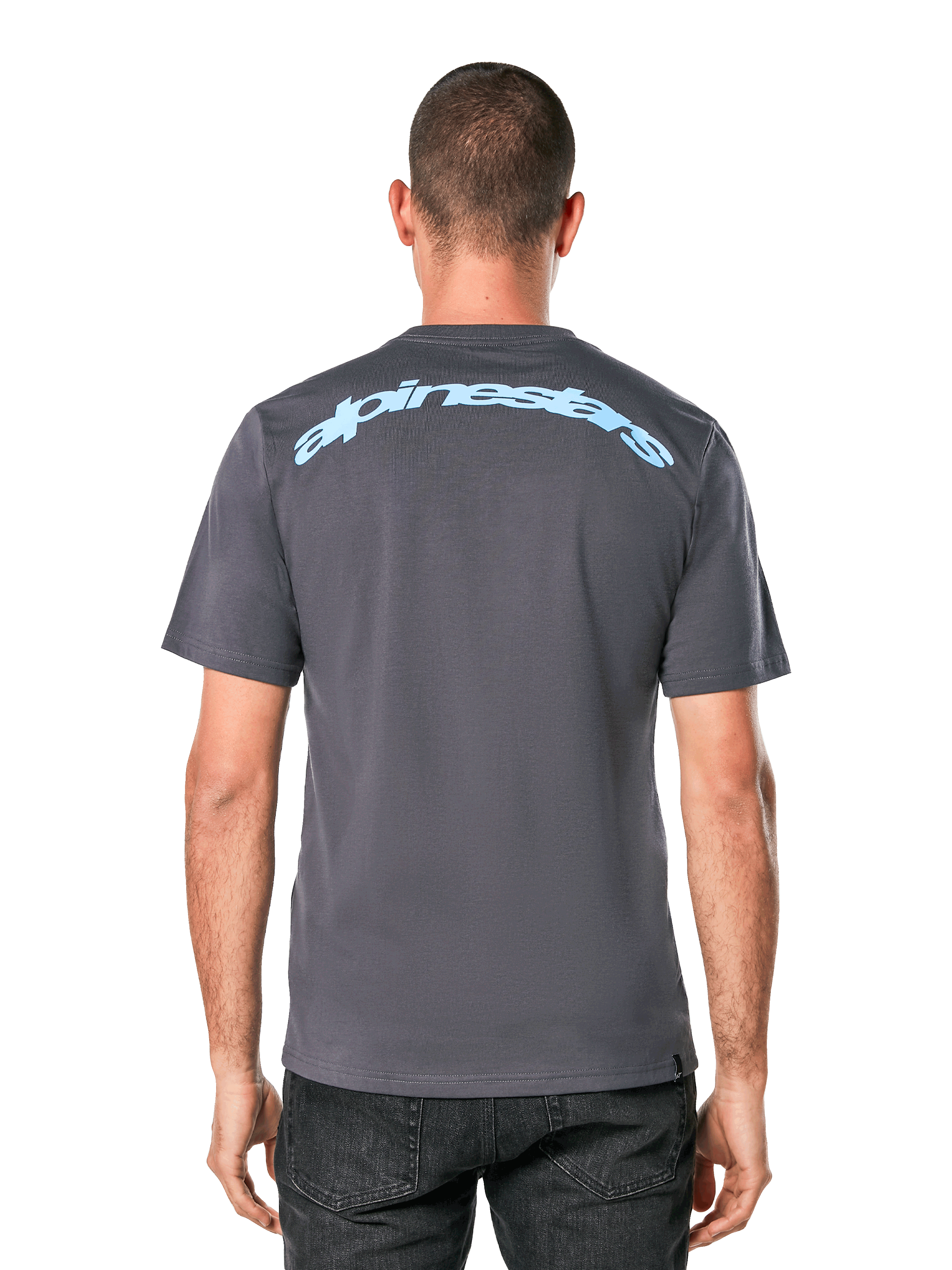 Alpinestars Horizon CSF Tee, koszulka z krótkim rękawem, ciemnoszara, widok z tyłu z jasnoniebieskim łukowym napisem Alpinestars, sportowa odzież codzienna